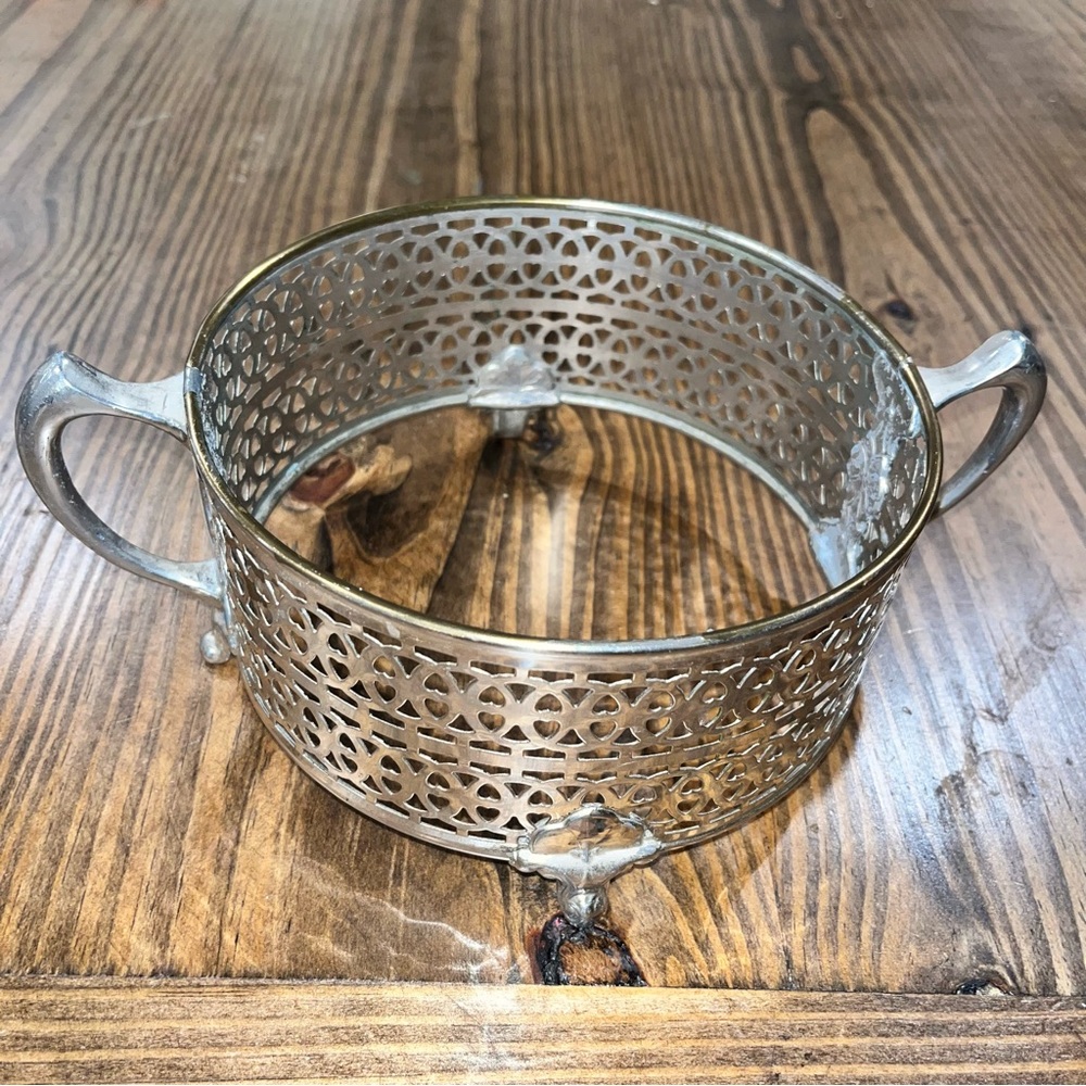 Vintage Reticulated Silver Casserole Cradle Dish Holder Trivet with Handles
